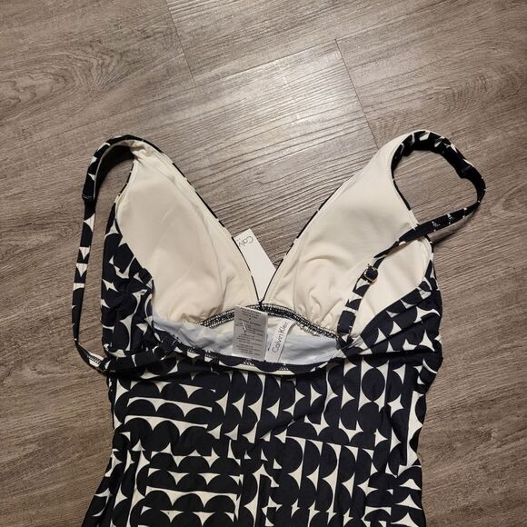 Calvin Klein Printed Plunge Swimsuit-BLACK WHITE-6 - Picture 4 of 6